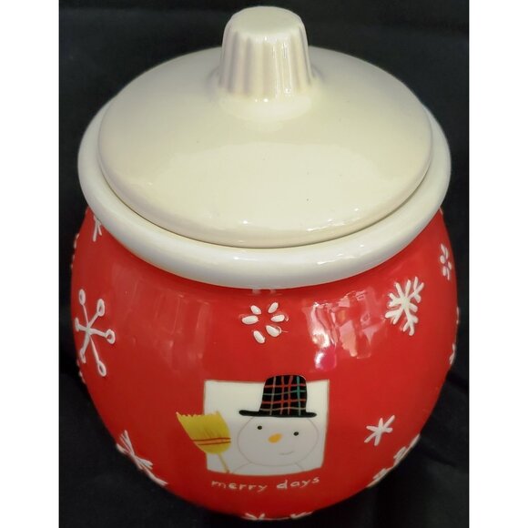 Hallmark small Merry Days snowman COOKIE TREAT JAR Christmas canister ceramic - Picture 2 of 9